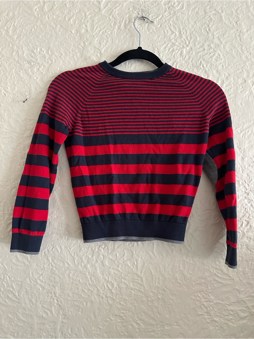 Mini Boden Red Navy Blue Stripe Gray Elbow Patch Cotton Cashmere Sweater 7-8Y